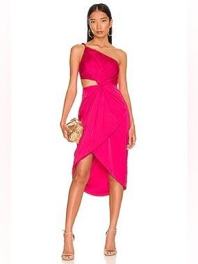 AMUR Deena One Shoulder Dress in Rosie Raspberry Hot Pink Satin Cut Out Size 2
